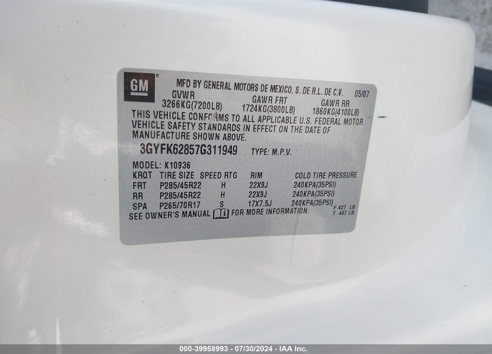 2007 CADILLAC ESCALADE EXT STANDARD VIN: 3GYFK62857G311949