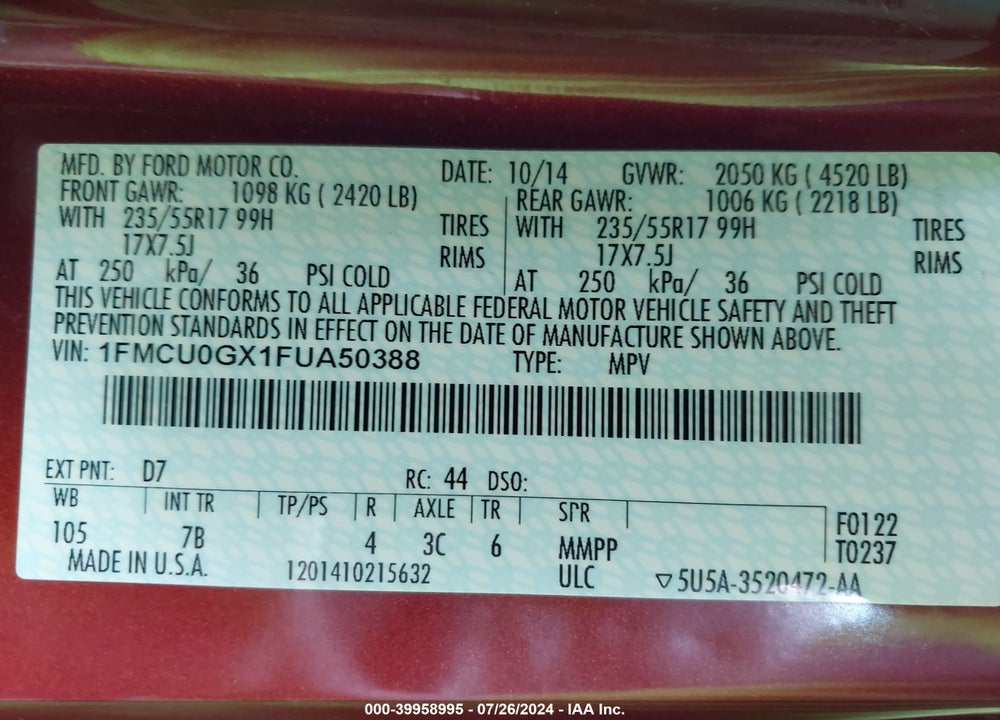 2015 FORD ESCAPE SE VIN: 1FMCU0GX1FUA50388