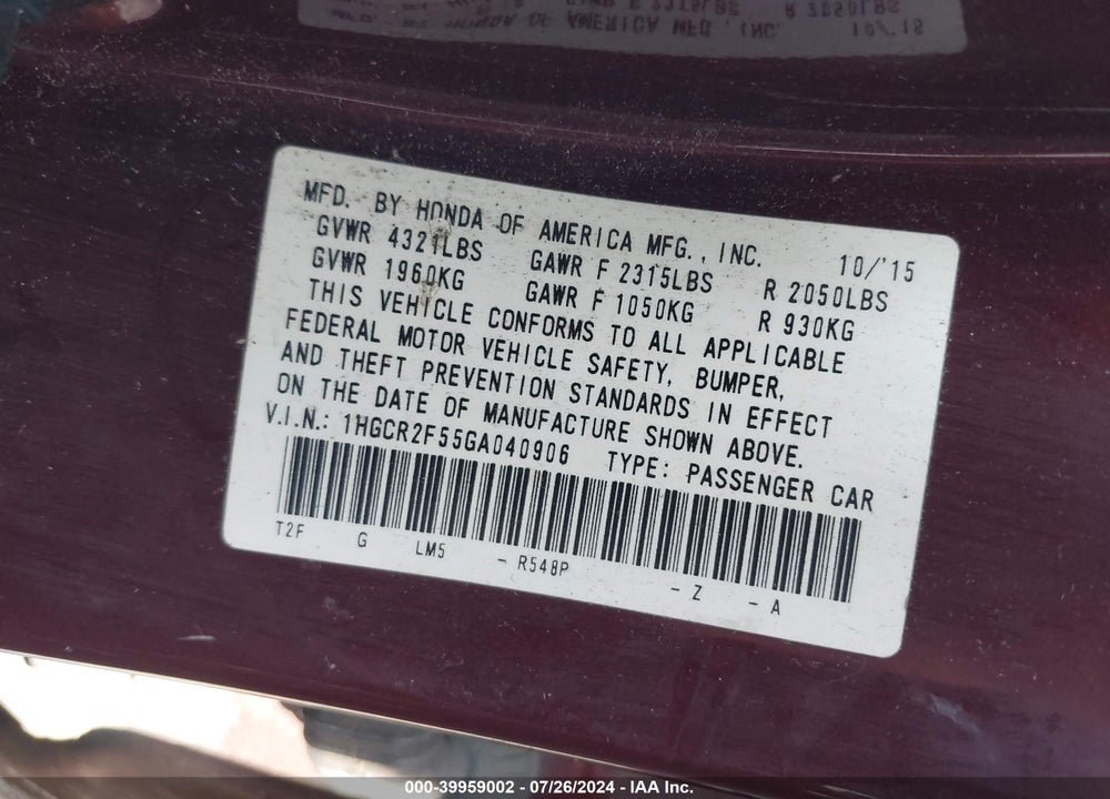 2016 HONDA ACCORD SPORT VIN: 1HGCR2F55GA040906