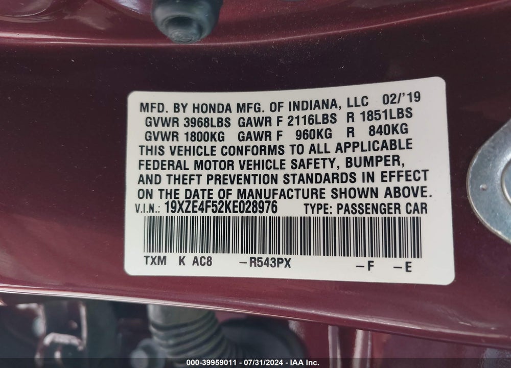 2019 HONDA INSIGHT EX VIN: 19XZE4F52KE028976