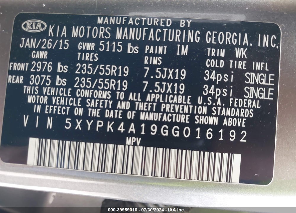 2016 KIA SORENTO 2.0T SXL VIN: 5XYPK4A19GG016192