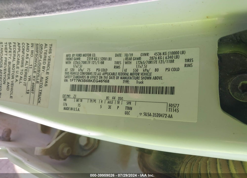 2019 FORD F-350 XL VIN: 1FT7W3B68KEG46568