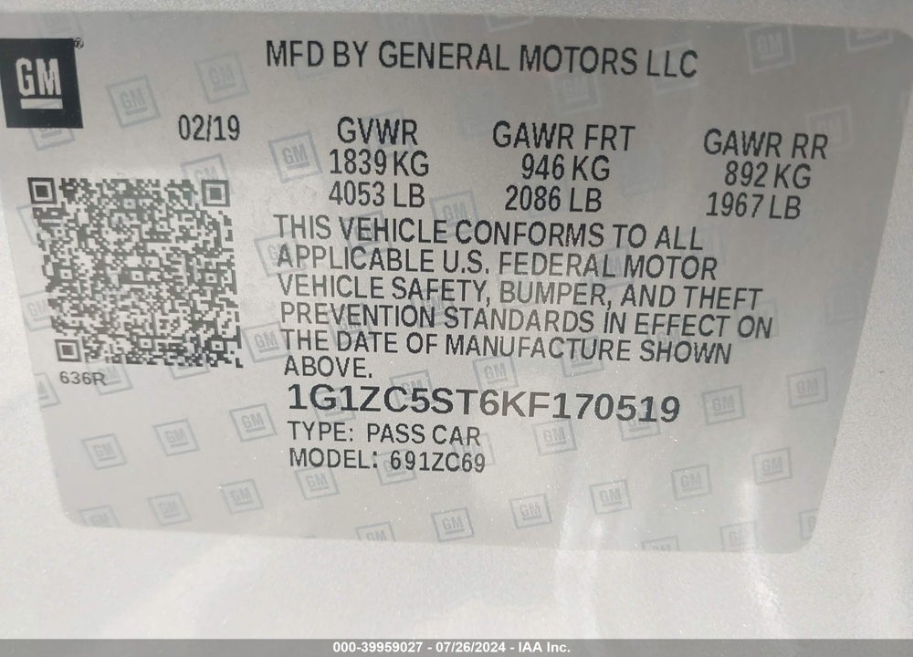 2019 CHEVROLET MALIBU 1FL VIN: 1G1ZC5ST6KF170519