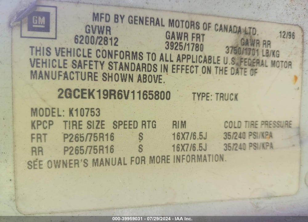 1997 CHEVROLET K1500 FLEETSIDE VIN: 2GCEK19R6V1165800