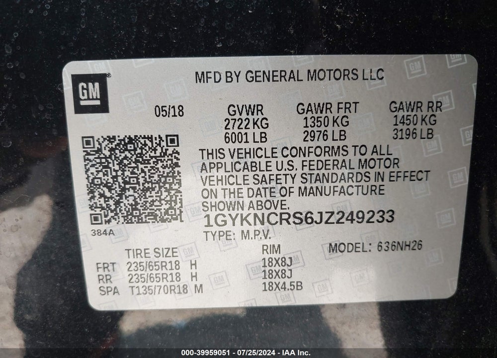 2018 CADILLAC XT5 LUXURY VIN: 1GYKNCRS6JZ249233