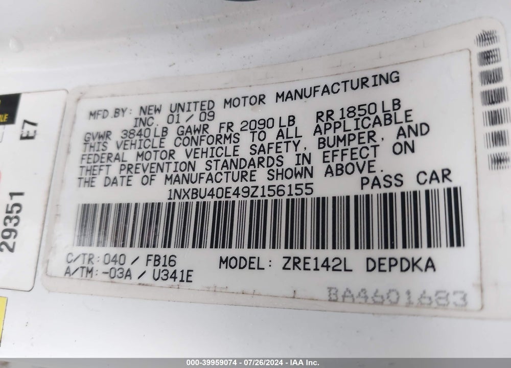 2009 TOYOTA COROLLA VIN: 1NXBU40E49Z156155