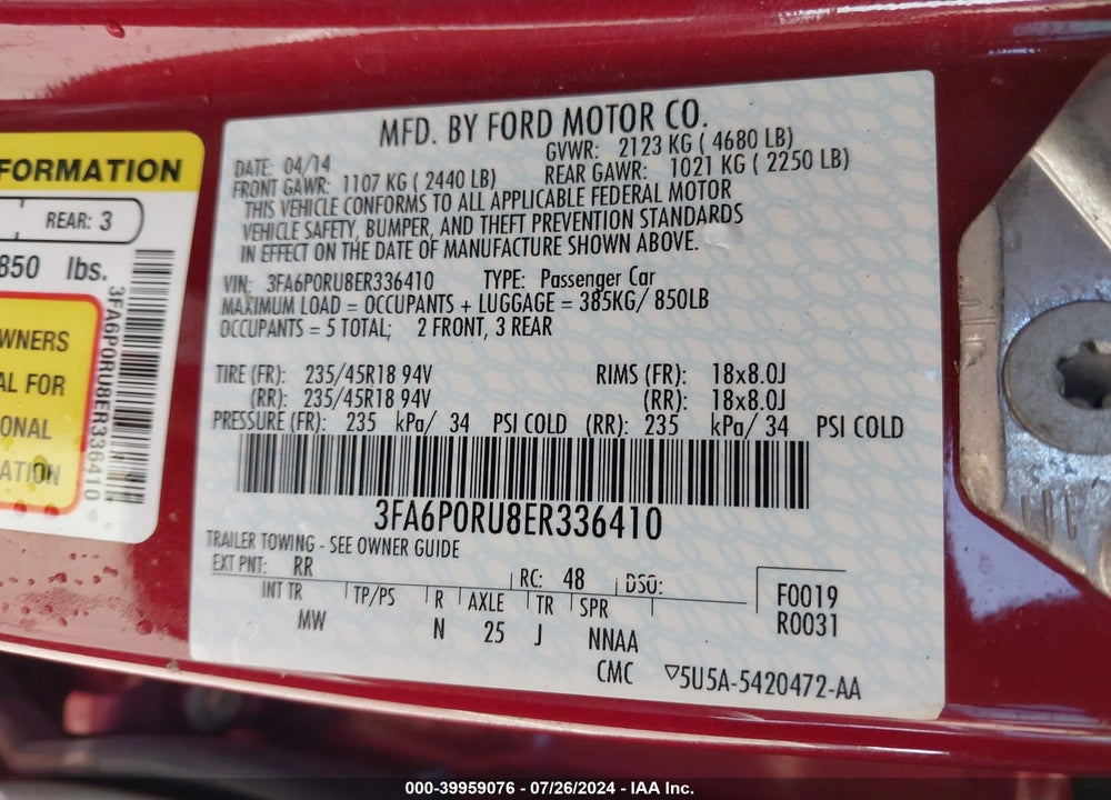 2014 FORD FUSION HYBRID TITANIUM VIN: 3FA6P0RU8ER336410