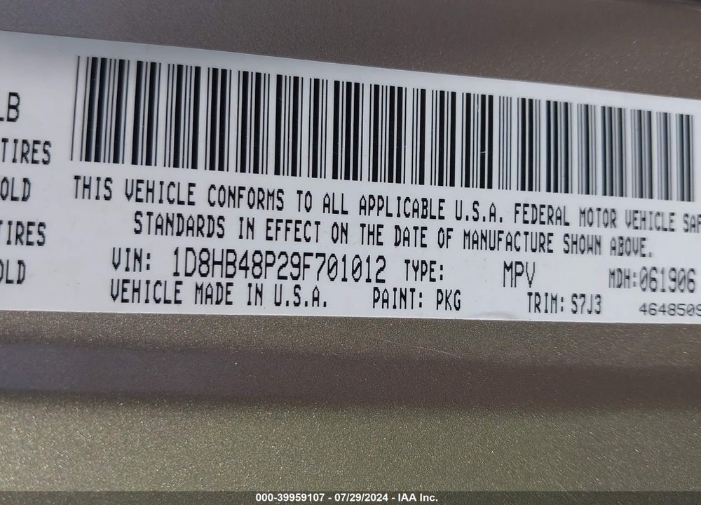 2009 DODGE DURANGO SLT VIN: 1D8HB48P29F701012