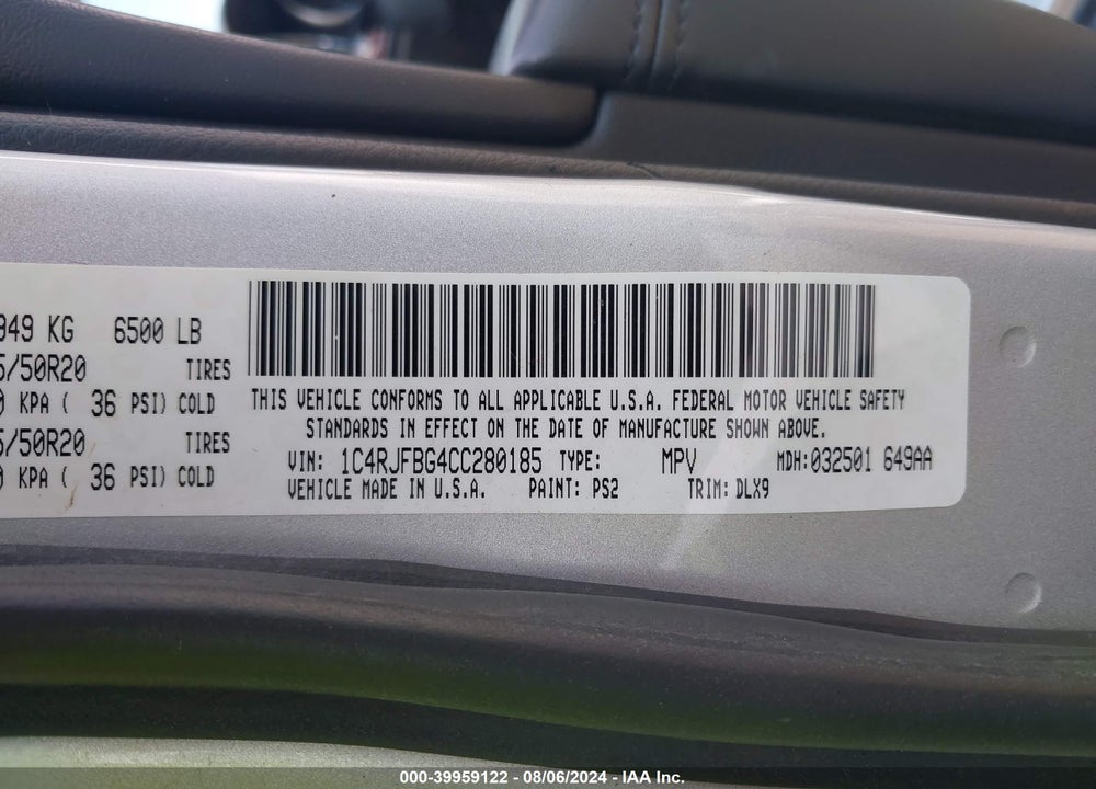 2012 JEEP GRAND CHEROKEE LIMITED VIN: 1C4RJFBG4CC280185