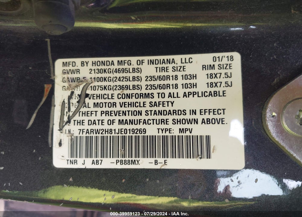 2018 HONDA CR-V EX-L/EX-L NAVI VIN: 7FARW2H81JE019269