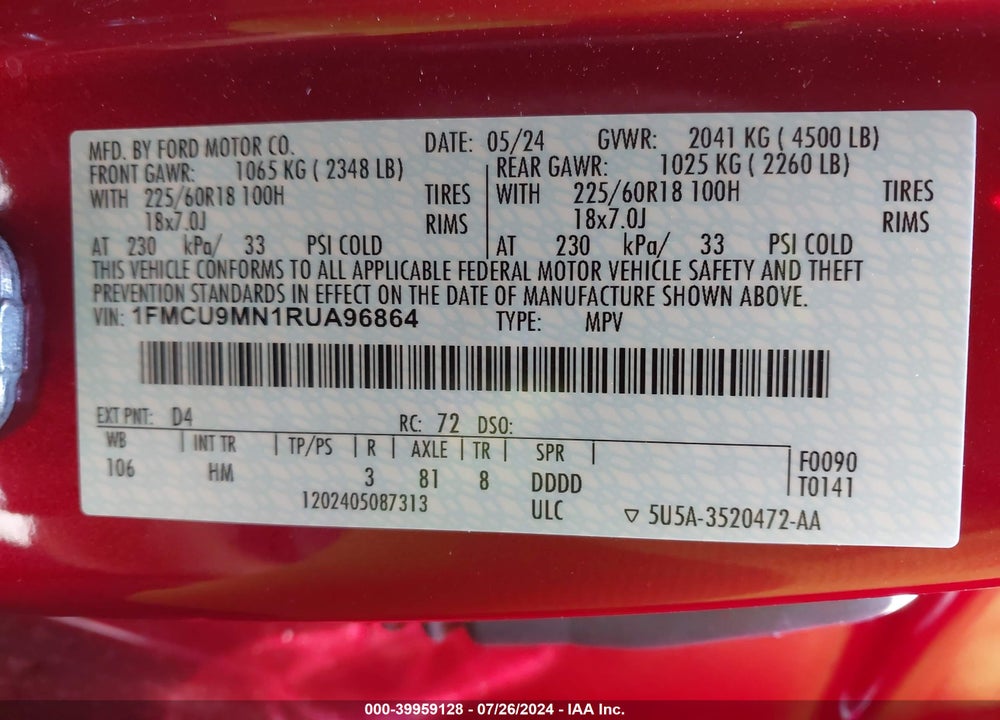 2024 FORD ESCAPE ST LINE VIN: 1FMCU9MN1RUA96864