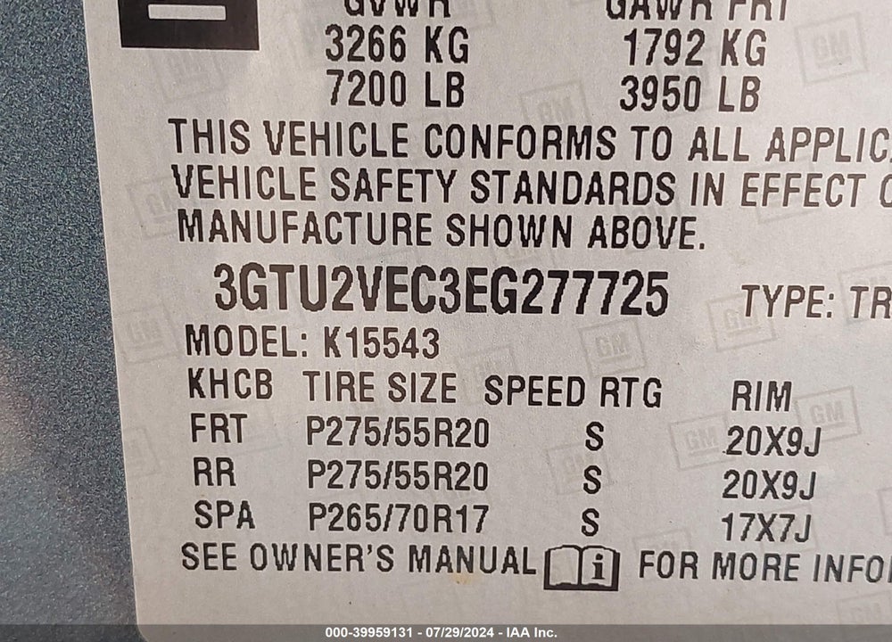 2014 GMC SIERRA 1500 SLT VIN: 3GTU2VEC3EG277725