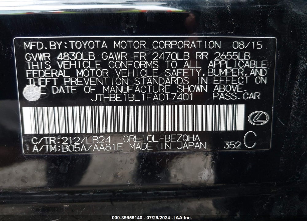2015 LEXUS GS 350 CRAFTED LINE VIN: JTHBE1BL1FA017401