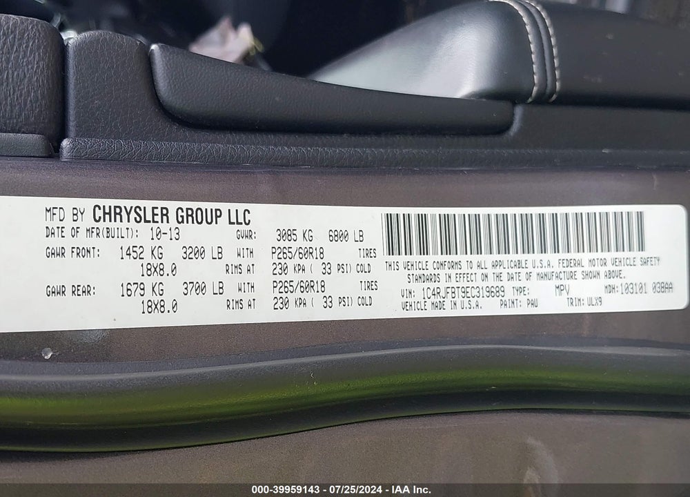 2014 JEEP GRAND CHEROKEE LIMITED VIN: 1C4RJFBT9EC319689