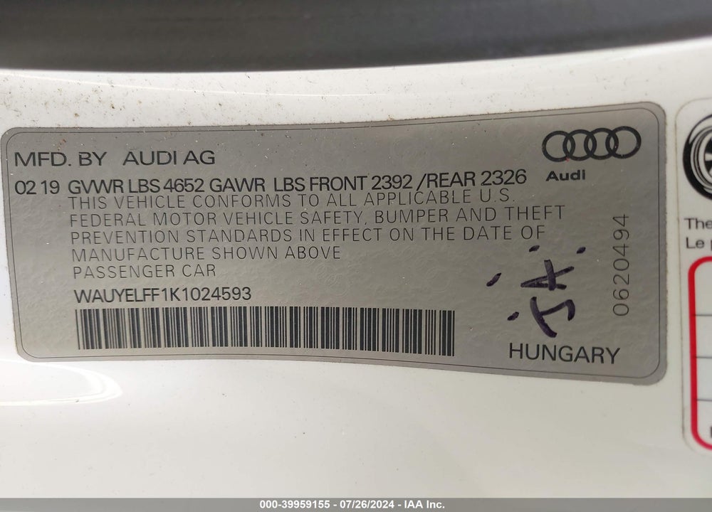 2019 AUDI A3 45 PREMIUM VIN: WAUYELFF1K1024593