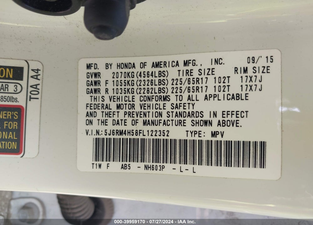 2015 HONDA CR-V EX VIN: 5J6RM4H58FL122352