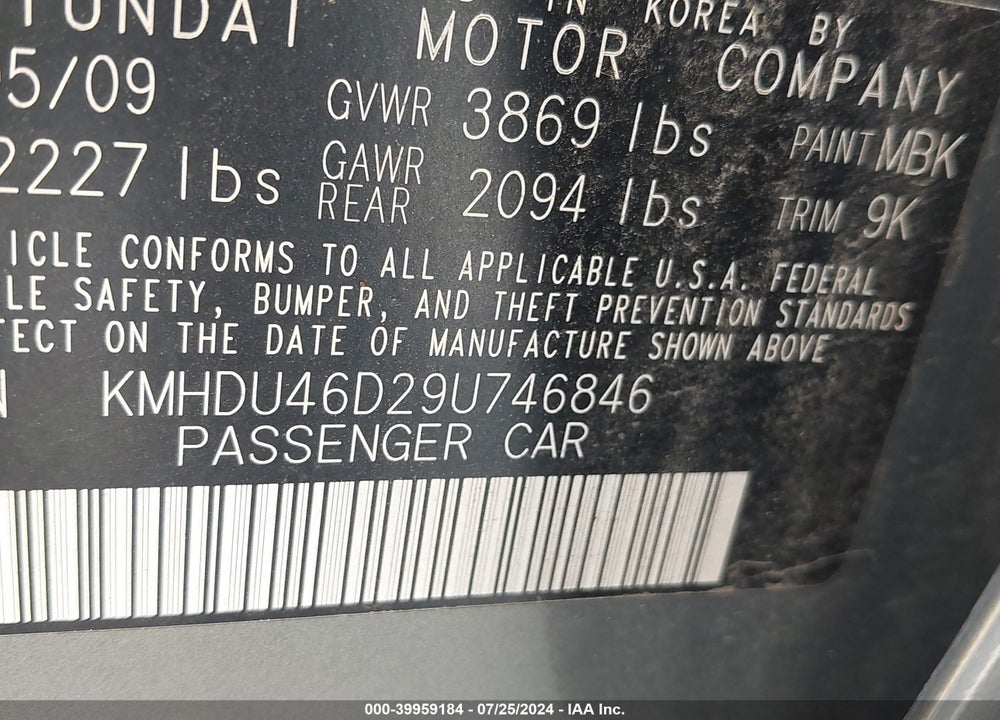 2009 HYUNDAI ELANTRA GLS VIN: KMHDU46D29U746846