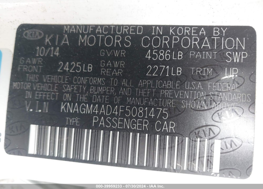 2015 KIA OPTIMA HYBRID VIN: KNAGM4AD4F5081475