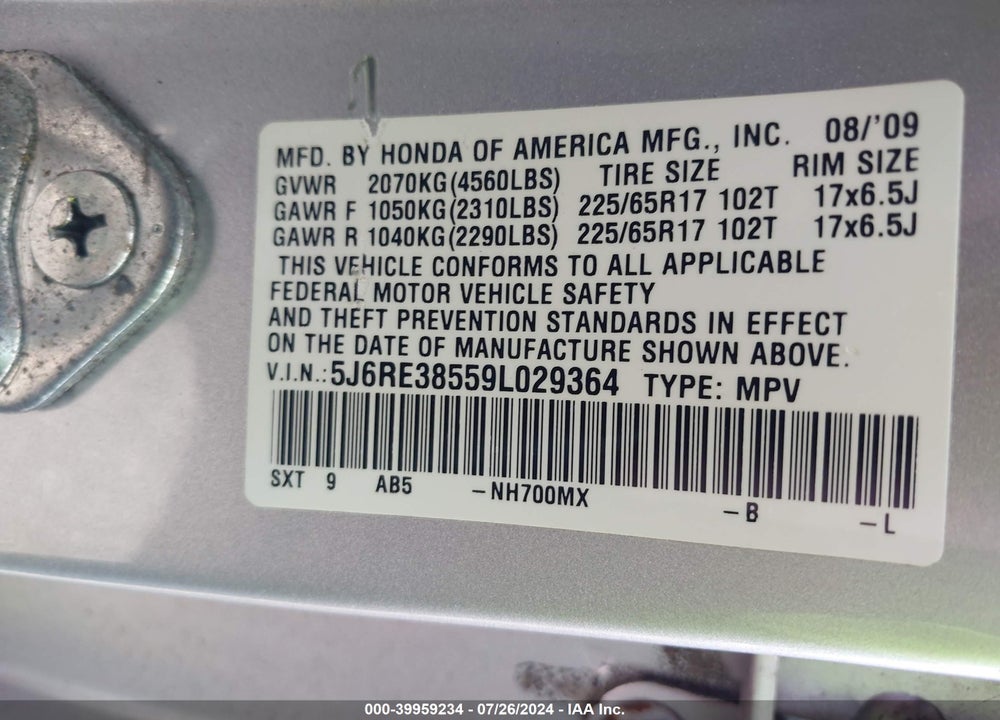 2009 HONDA CR-V EX VIN: 5J6RE38559L029364
