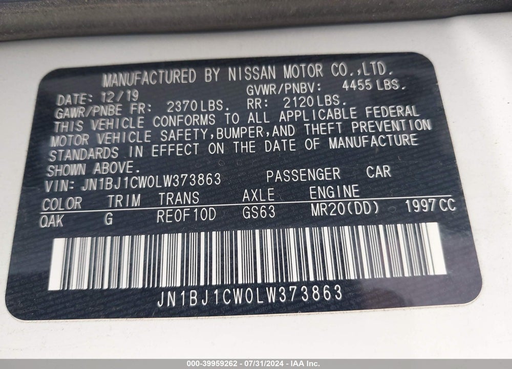 2020 NISSAN ROGUE SPORT S AWD XTRONIC CVT VIN: JN1BJ1CW0LW373863
