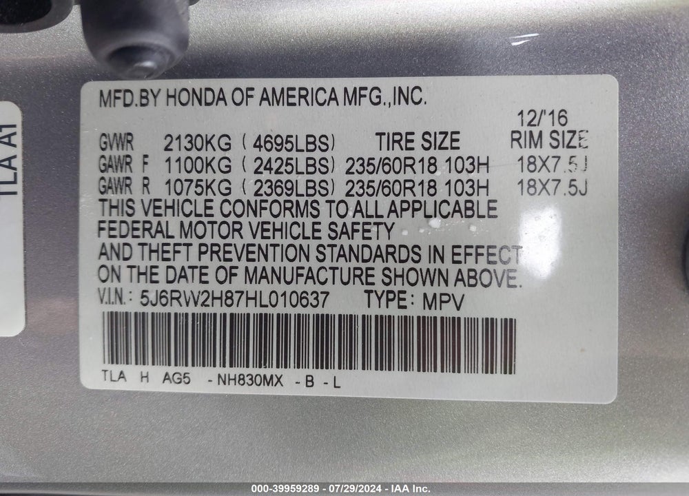 2017 HONDA CR-V EX-L/EX-L NAVI VIN: 5J6RW2H87HL010637