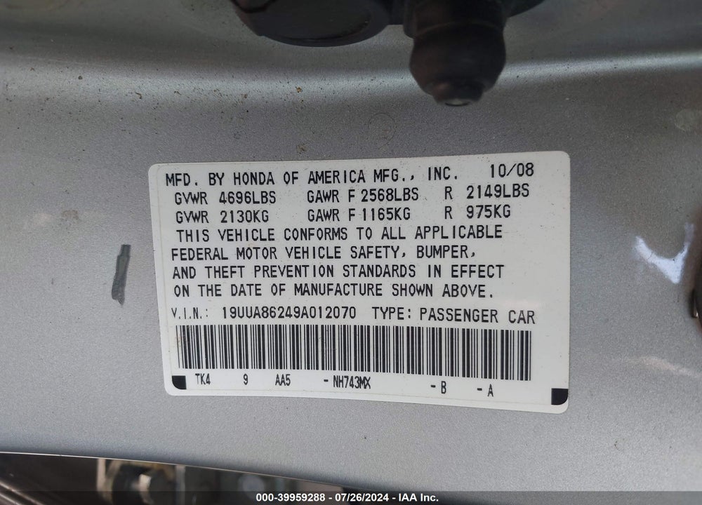 2009 ACURA TL 3.5 VIN: 19UUA86249A012070