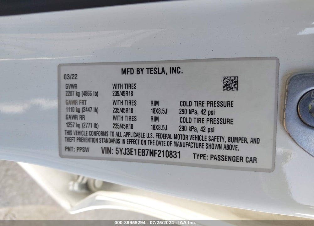 2022 TESLA MODEL 3 LONG RANGE DUAL MOTOR ALL-WHEEL DRIVE VIN: 5YJ3E1EB7NF210831