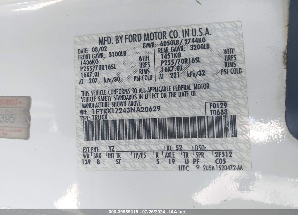 2003 FORD F-150 XL/XLT/XLT HERITAGE VIN: 1FTRX17243NA20629