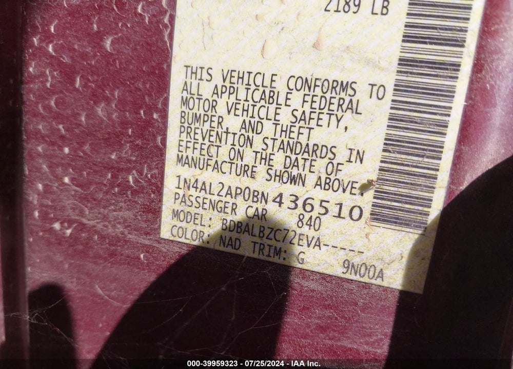 2011 NISSAN ALTIMA 2.5 S VIN: 1N4AL2AP0BN436510