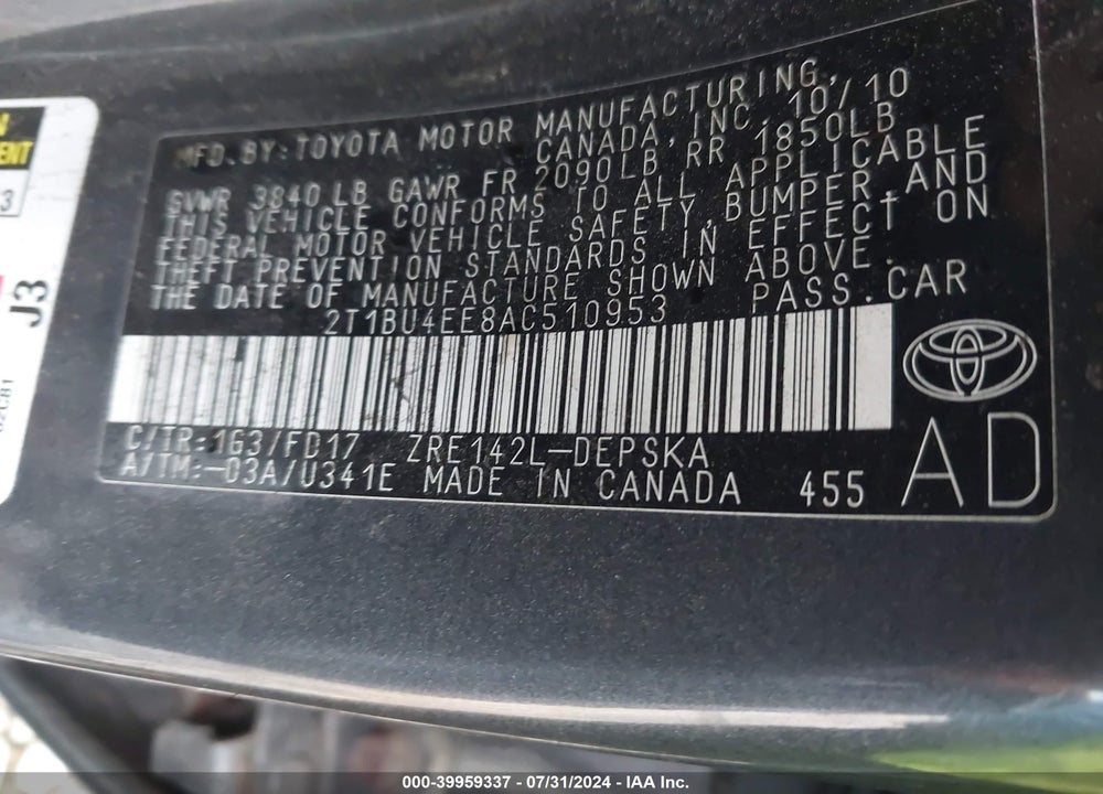 2010 TOYOTA COROLLA S VIN: 2T1BU4EE8AC510953