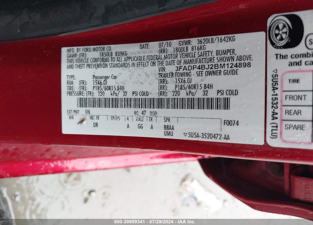 2011 FORD FIESTA SE VIN: 3FADP4BJ2BM124898