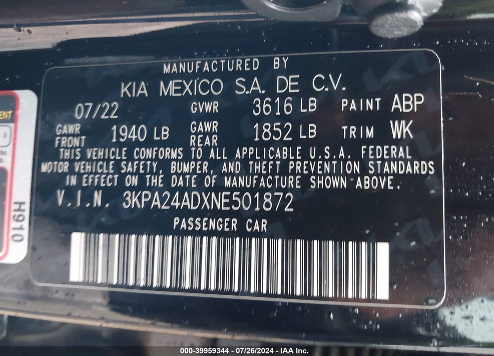 2022 KIA RIO LX VIN: 3KPA24ADXNE501872