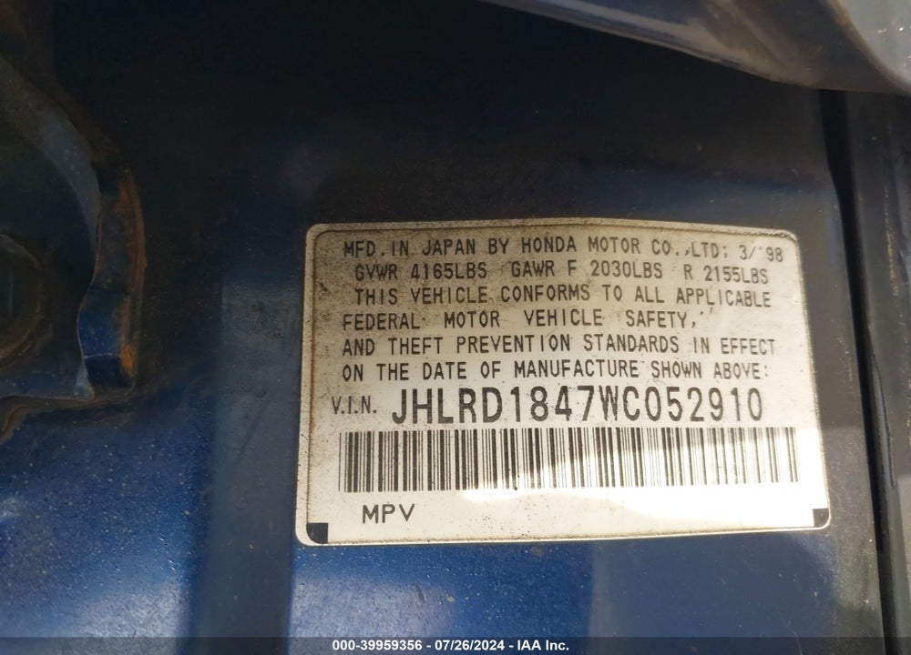 1998 HONDA CR-V LX VIN: JHLRD1847WC052910