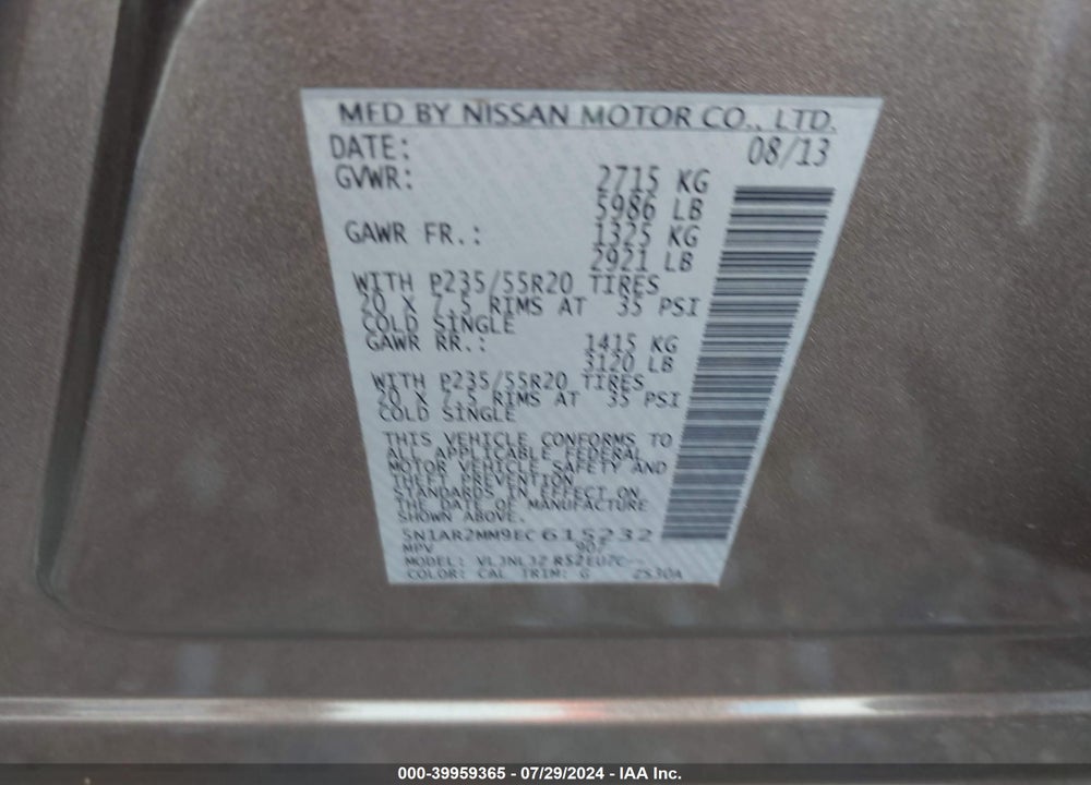 2014 NISSAN PATHFINDER PLATINUM VIN: 5N1AR2MM9EC615232