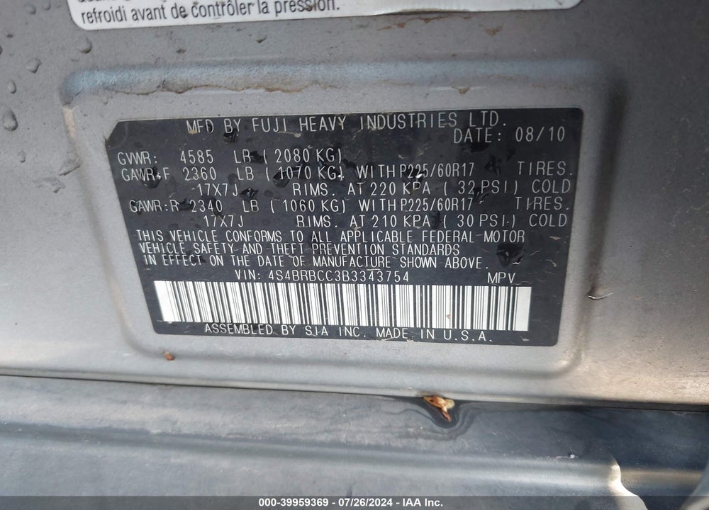2011 SUBARU OUTBACK 2.5I PREMIUM VIN: 4S4BRBCC3B3343754