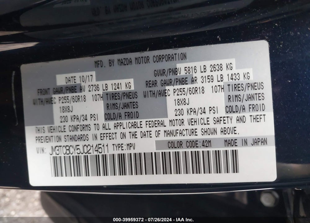 2018 MAZDA CX-9 TOURING VIN: JM3TCBCY5J0214511