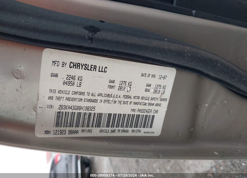 2008 DODGE CHARGER VIN: 2B3KA43G88H198325