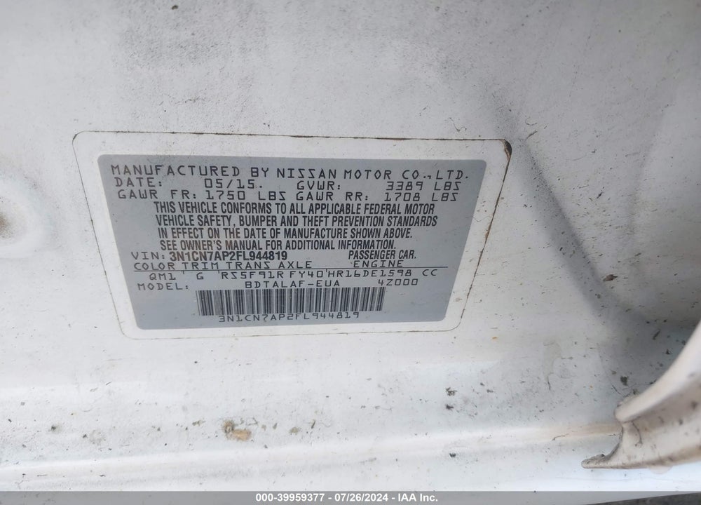 2015 NISSAN VERSA 1.6 S+ VIN: 3N1CN7AP2FL944819