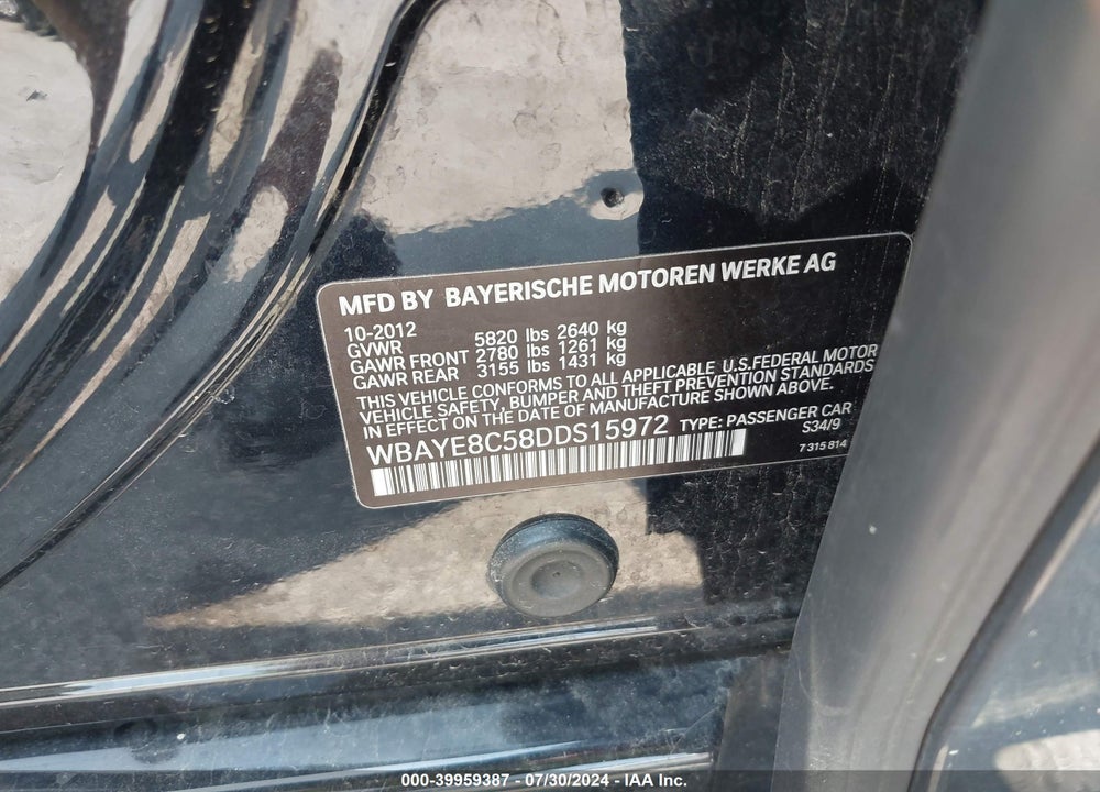 2013 BMW 750LI VIN: WBAYE8C58DDS15972