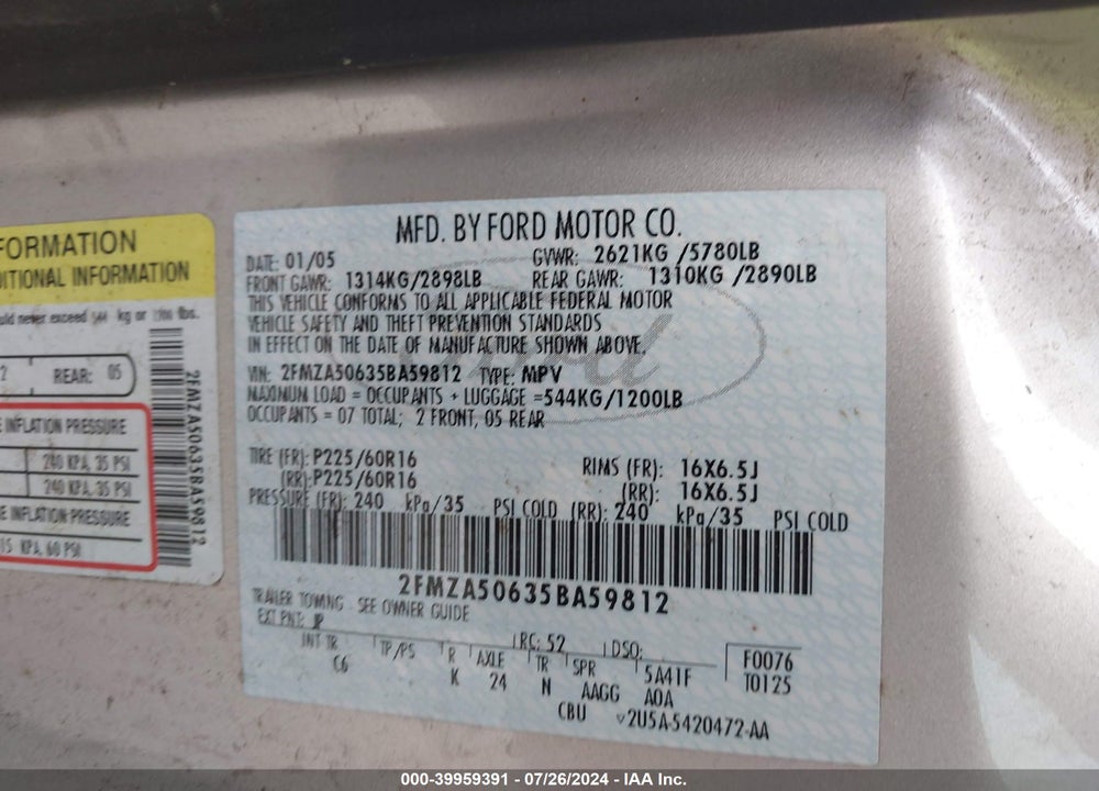 2005 FORD FREESTAR S VIN: 2FMZA50635BA59812