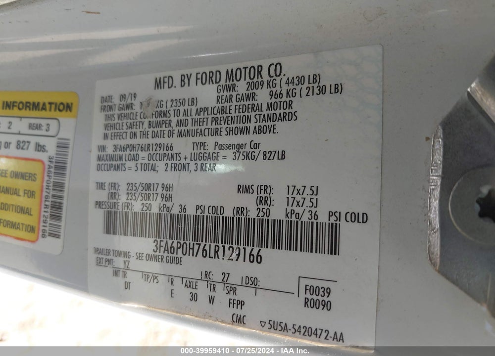 2020 FORD FUSION SE VIN: 3FA6P0H76LR129166