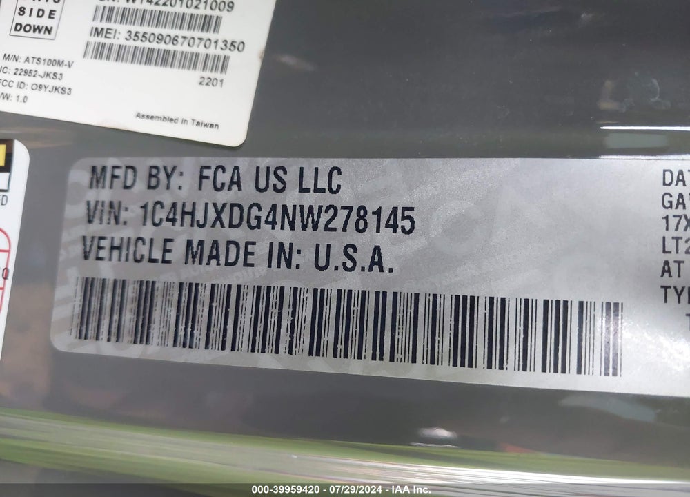 2022 JEEP WRANGLER UNLIMITED WILLYS SPORT 4X4 VIN: 1C4HJXDG4NW278145