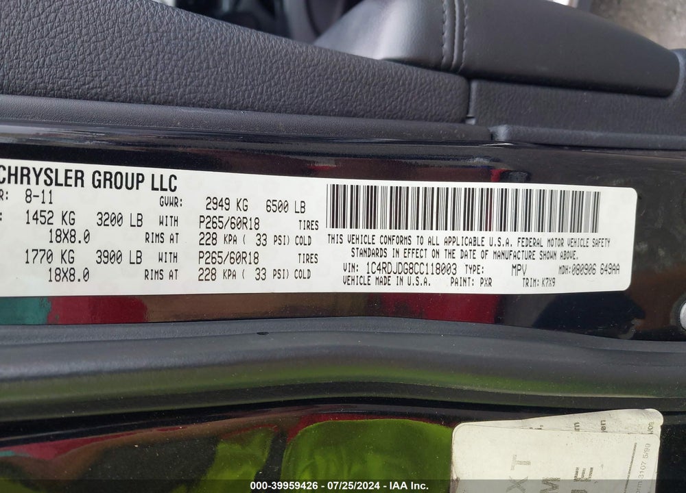 2012 DODGE DURANGO CREW VIN: 1C4RDJDG8CC118003