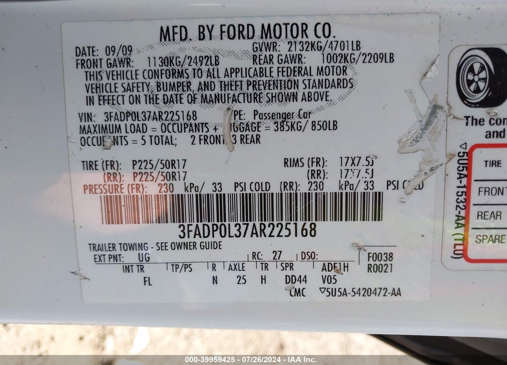 2010 FORD FUSION HYBRID VIN: 3FADP0L37AR225168