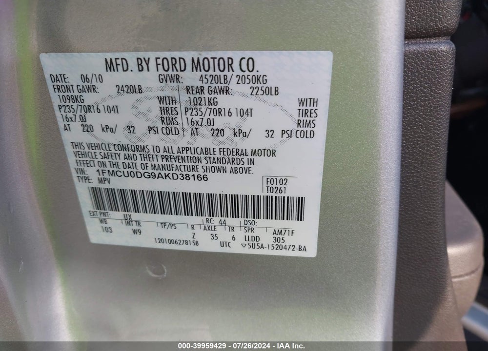 2010 FORD ESCAPE XLT VIN: 1FMCU0DG9AKD38166