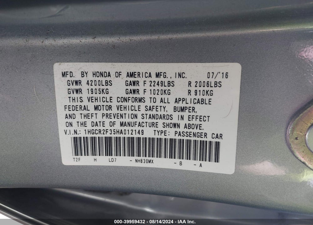 2017 HONDA ACCORD LX VIN: 1HGCR2F35HA012149