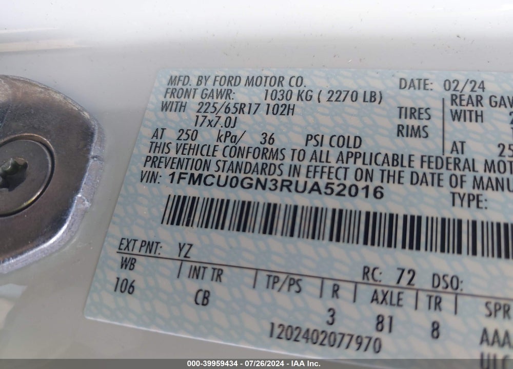 2024 FORD ESCAPE ACTIVE VIN: 1FMCU0GN3RUA52016
