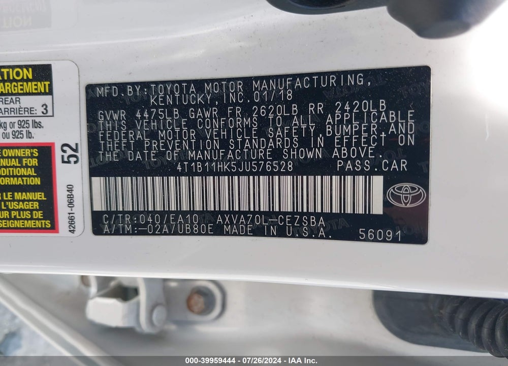 2018 TOYOTA CAMRY SE VIN: 4T1B11HK5JU576528
