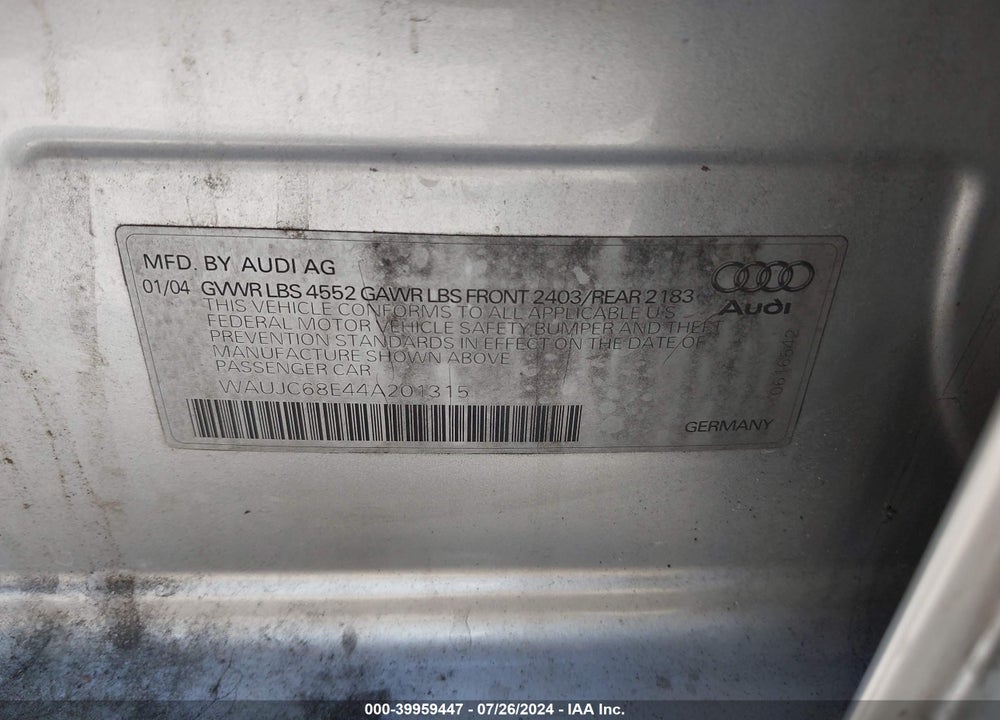 2004 AUDI A4 1.8T VIN: WAUJC68E44A201315