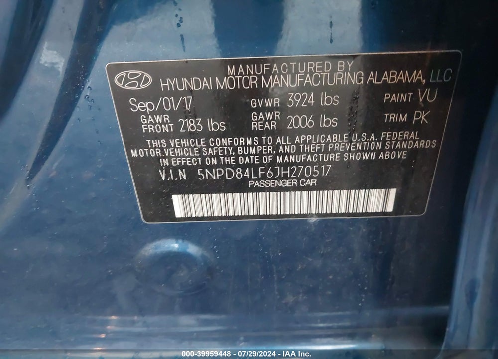 2018 HYUNDAI ELANTRA SEL VIN: 5NPD84LF6JH270517
